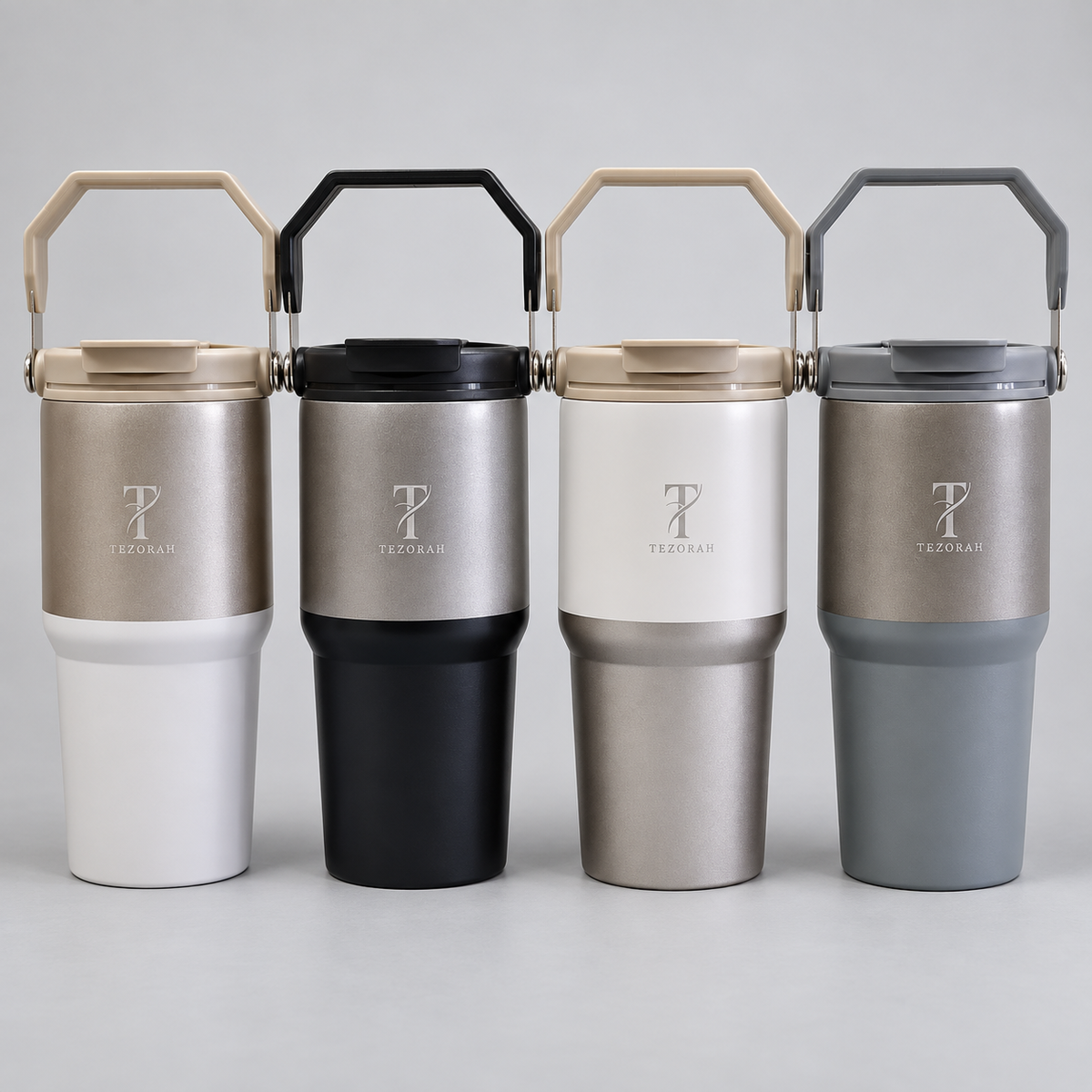 TEZORAH Dual Drink Carry Tumbler 600ml | Stainless Steel Vacuum Insulated | Foldable Carry Handle | Box Included