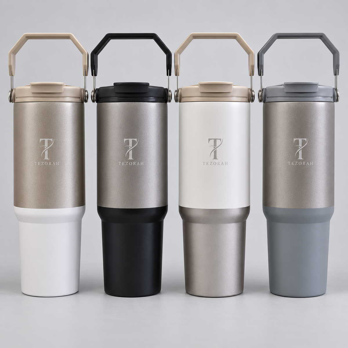 TEZORAH Dual Drink Carry Tumbler 900ml | Stainless Steel Vacuum Insulated | Foldable Carry Handle | Box Included