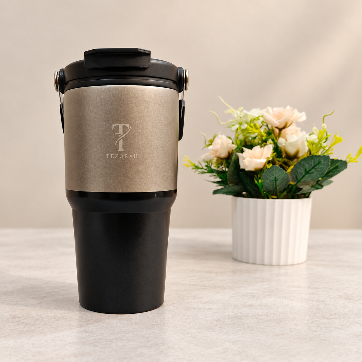 TEZORAH Dual Drink Carry Tumbler 600ml | Stainless Steel Vacuum Insulated | Foldable Carry Handle | Box Included