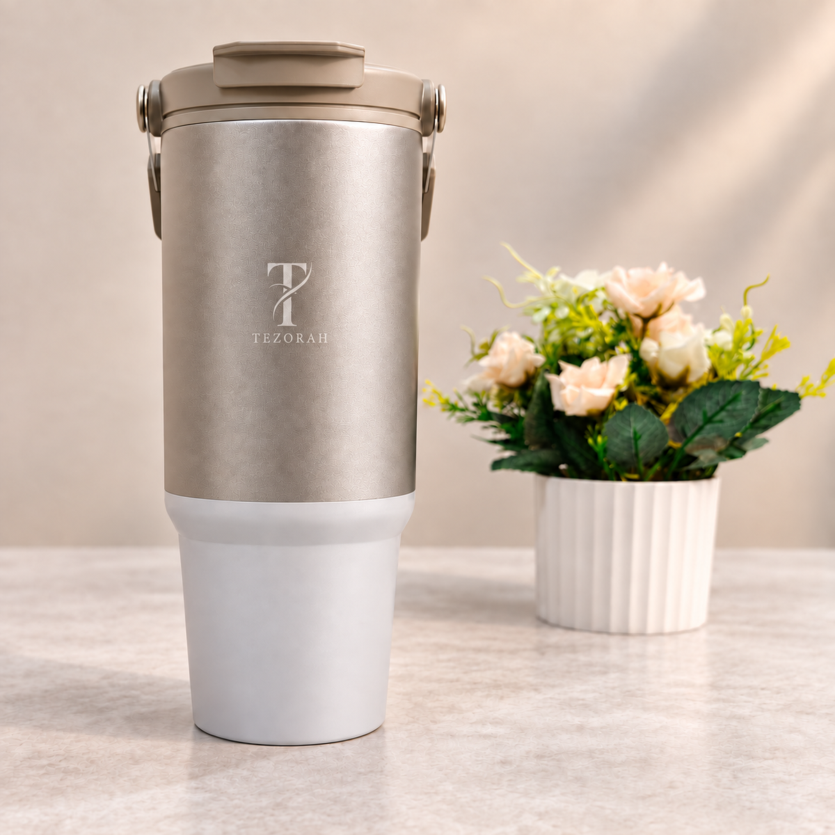 TEZORAH Dual Drink Carry Tumbler 900ml | Stainless Steel Vacuum Insulated | Foldable Carry Handle | Box Included
