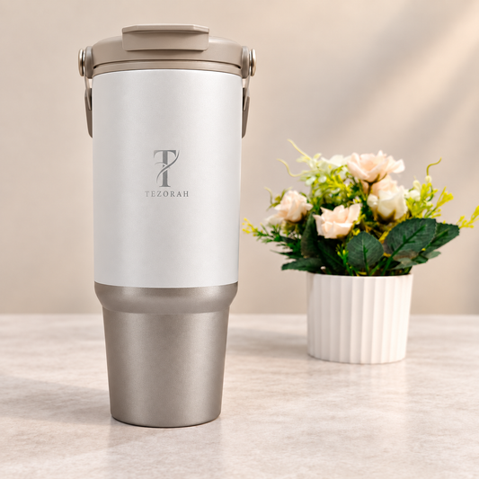TEZORAH Dual Drink Carry Tumbler 900ml | Stainless Steel Vacuum Insulated | Foldable Carry Handle | Box Included