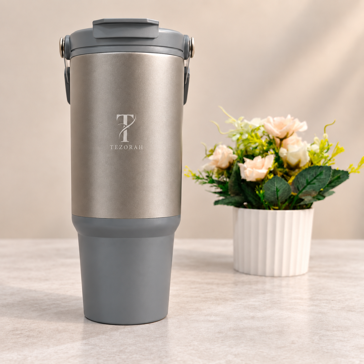 TEZORAH Dual Drink Carry Tumbler 900ml | Stainless Steel Vacuum Insulated | Foldable Carry Handle | Box Included