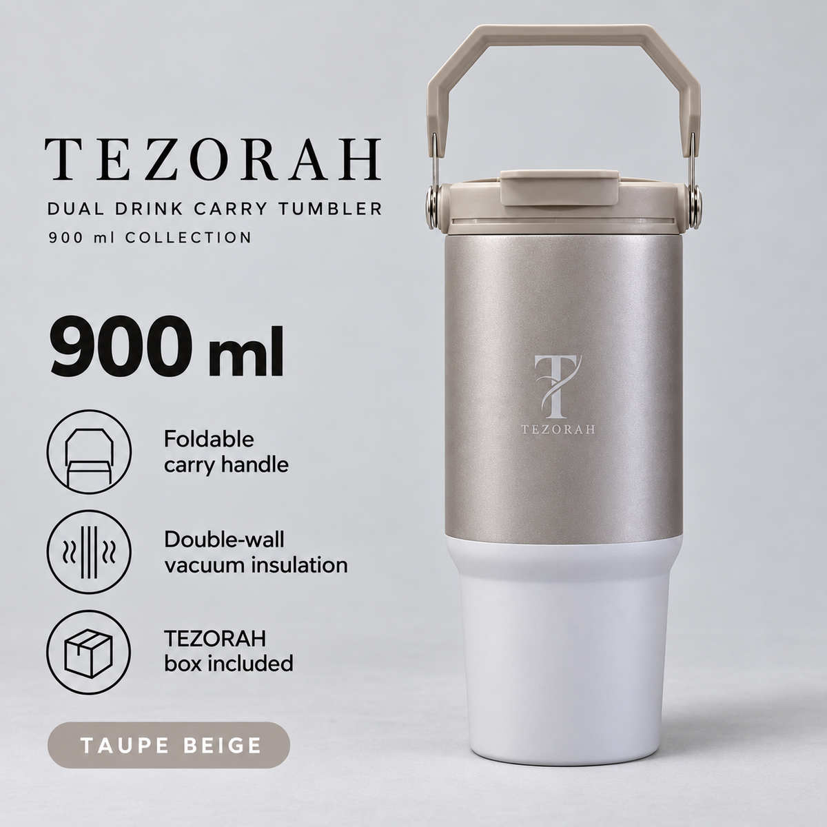 TEZORAH Dual Drink Carry Tumbler 900ml | Stainless Steel Vacuum Insulated | Foldable Carry Handle | Box Included