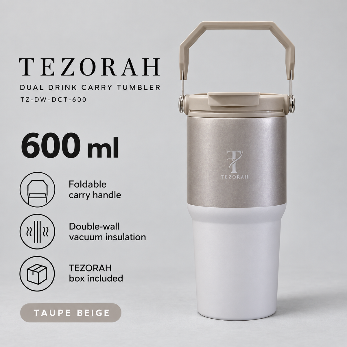 TEZORAH Dual Drink Carry Tumbler 600ml | Stainless Steel Vacuum Insulated | Foldable Carry Handle | Box Included