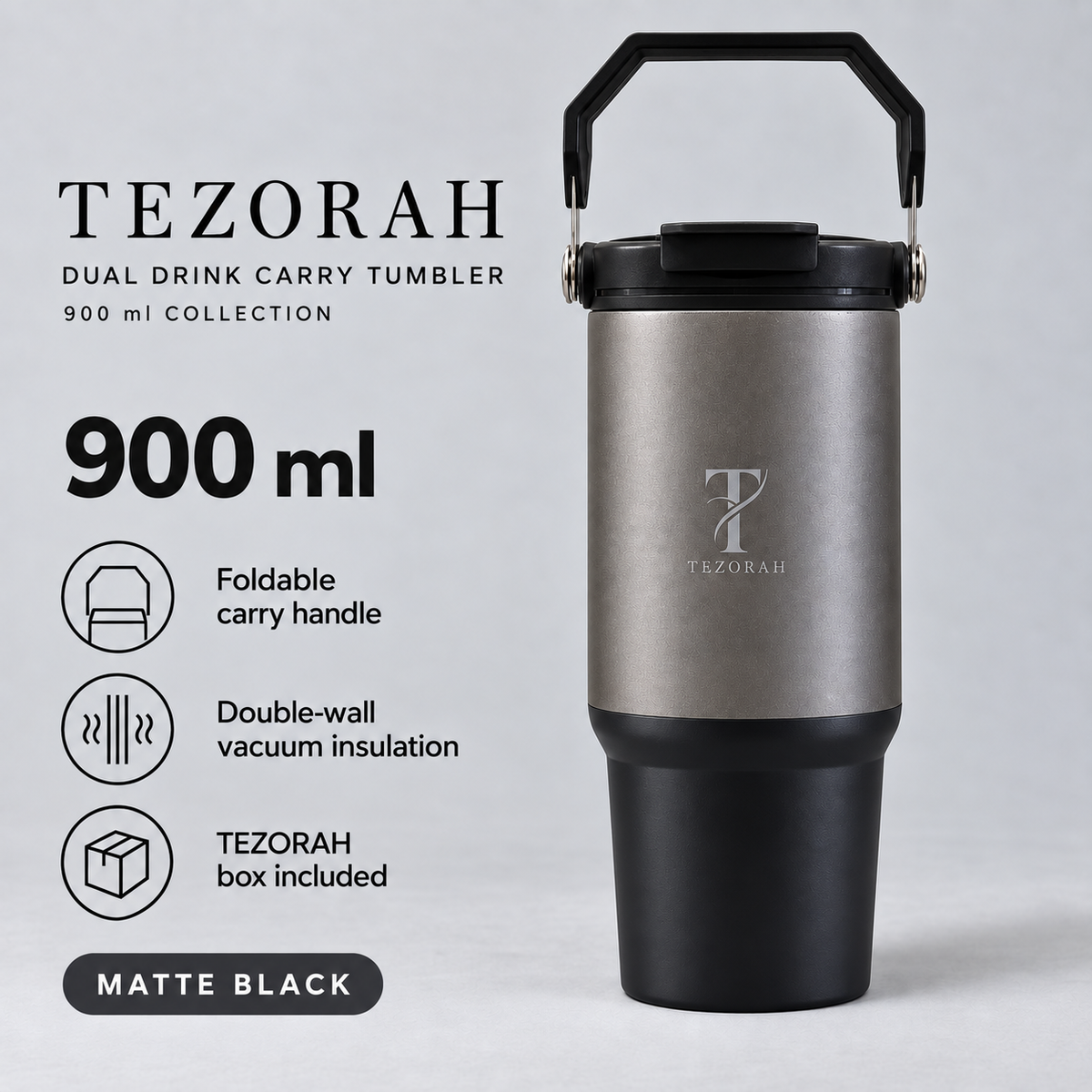TEZORAH Dual Drink Carry Tumbler 900ml | Stainless Steel Vacuum Insulated | Foldable Carry Handle | Box Included