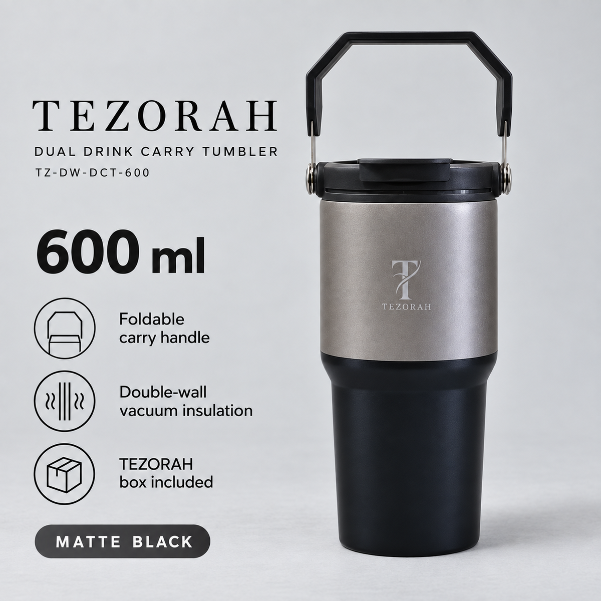 TEZORAH Dual Drink Carry Tumbler 600ml | Stainless Steel Vacuum Insulated | Foldable Carry Handle | Box Included