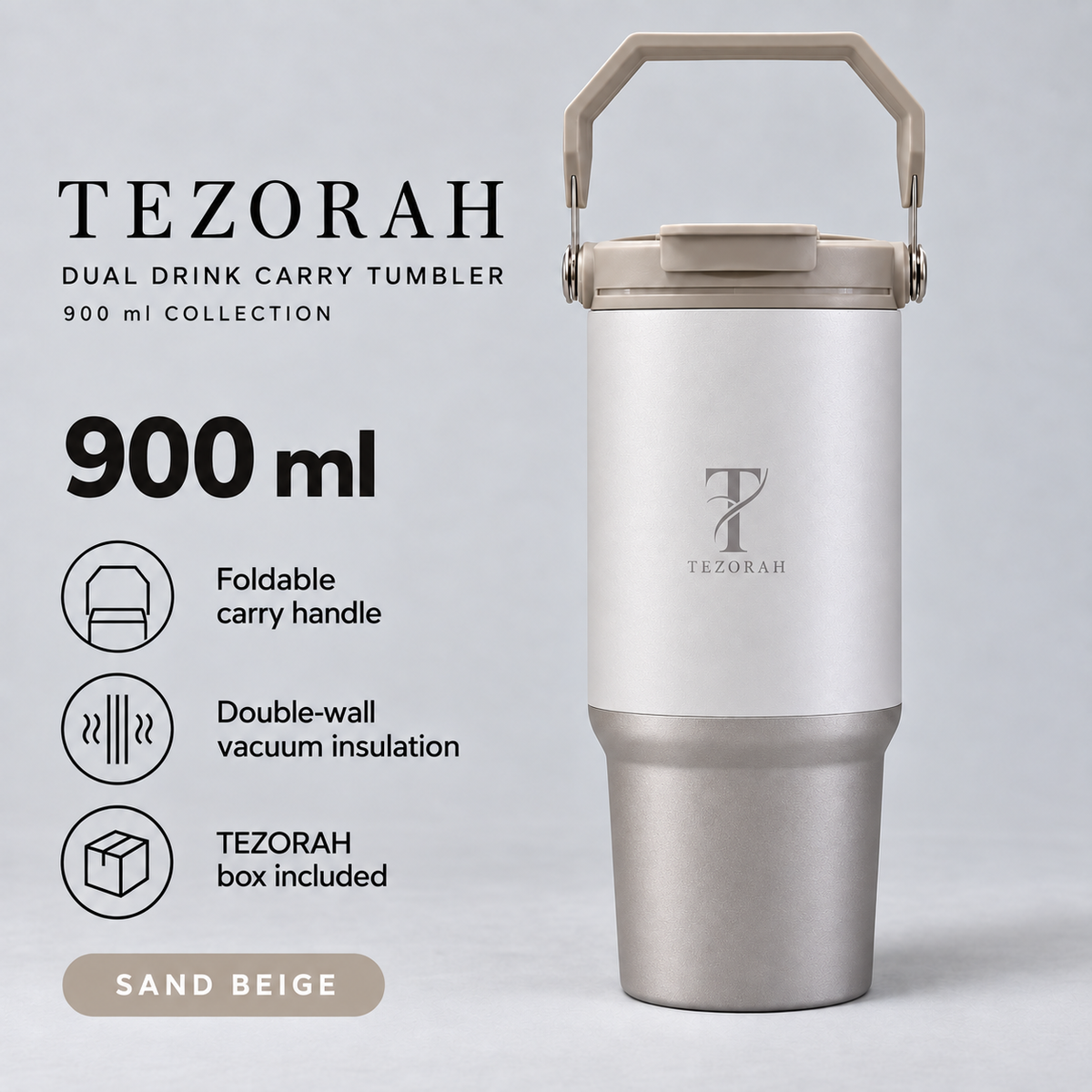 TEZORAH Dual Drink Carry Tumbler 900ml | Stainless Steel Vacuum Insulated | Foldable Carry Handle | Box Included