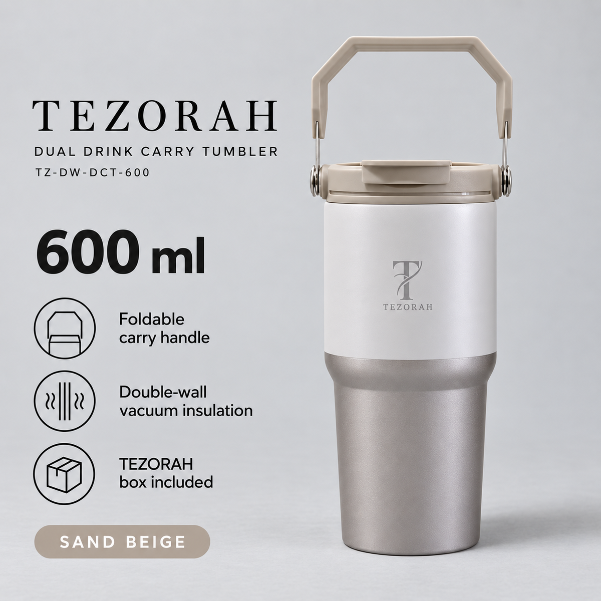 TEZORAH Dual Drink Carry Tumbler 600ml | Stainless Steel Vacuum Insulated | Foldable Carry Handle | Box Included