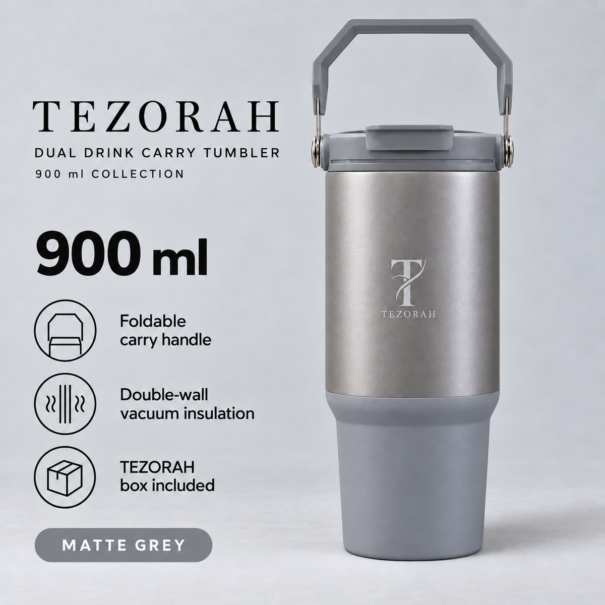 TEZORAH Dual Drink Carry Tumbler 900ml | Stainless Steel Vacuum Insulated | Foldable Carry Handle | Box Included