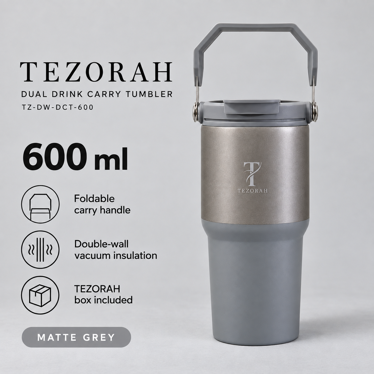 TEZORAH Dual Drink Carry Tumbler 600ml | Stainless Steel Vacuum Insulated | Foldable Carry Handle | Box Included