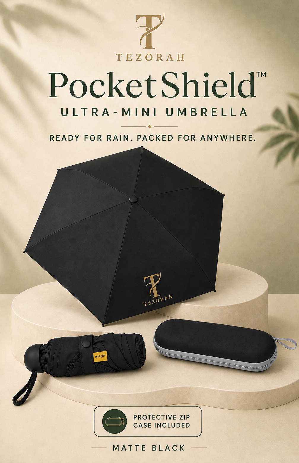 TEZORAH PocketShield™ Ultra-Mini Umbrella with Protective Zip Case