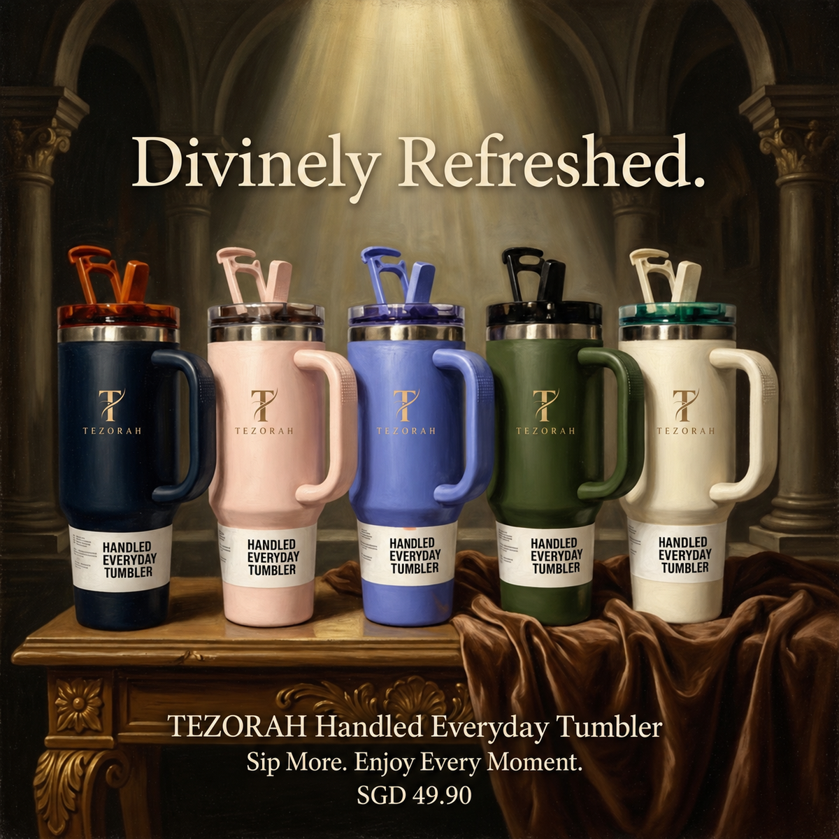 TEZORAH 40oz Vacuum-Insulated Drinkware Tumbler with Handle and Straw