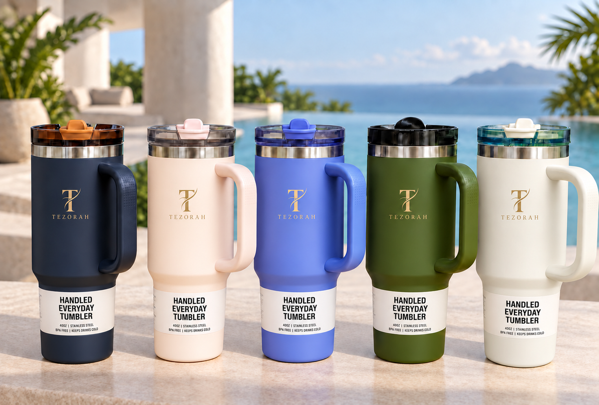 TEZORAH 40oz Vacuum-Insulated Drinkware Tumbler with Handle and Straw