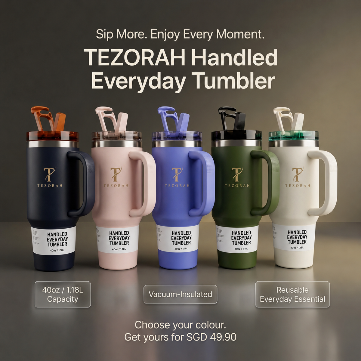 TEZORAH 40oz Vacuum-Insulated Drinkware Tumbler with Handle and Straw
