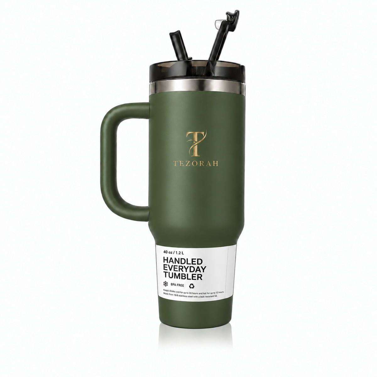 TEZORAH 40oz Vacuum-Insulated Drinkware Tumbler with Handle and Straw