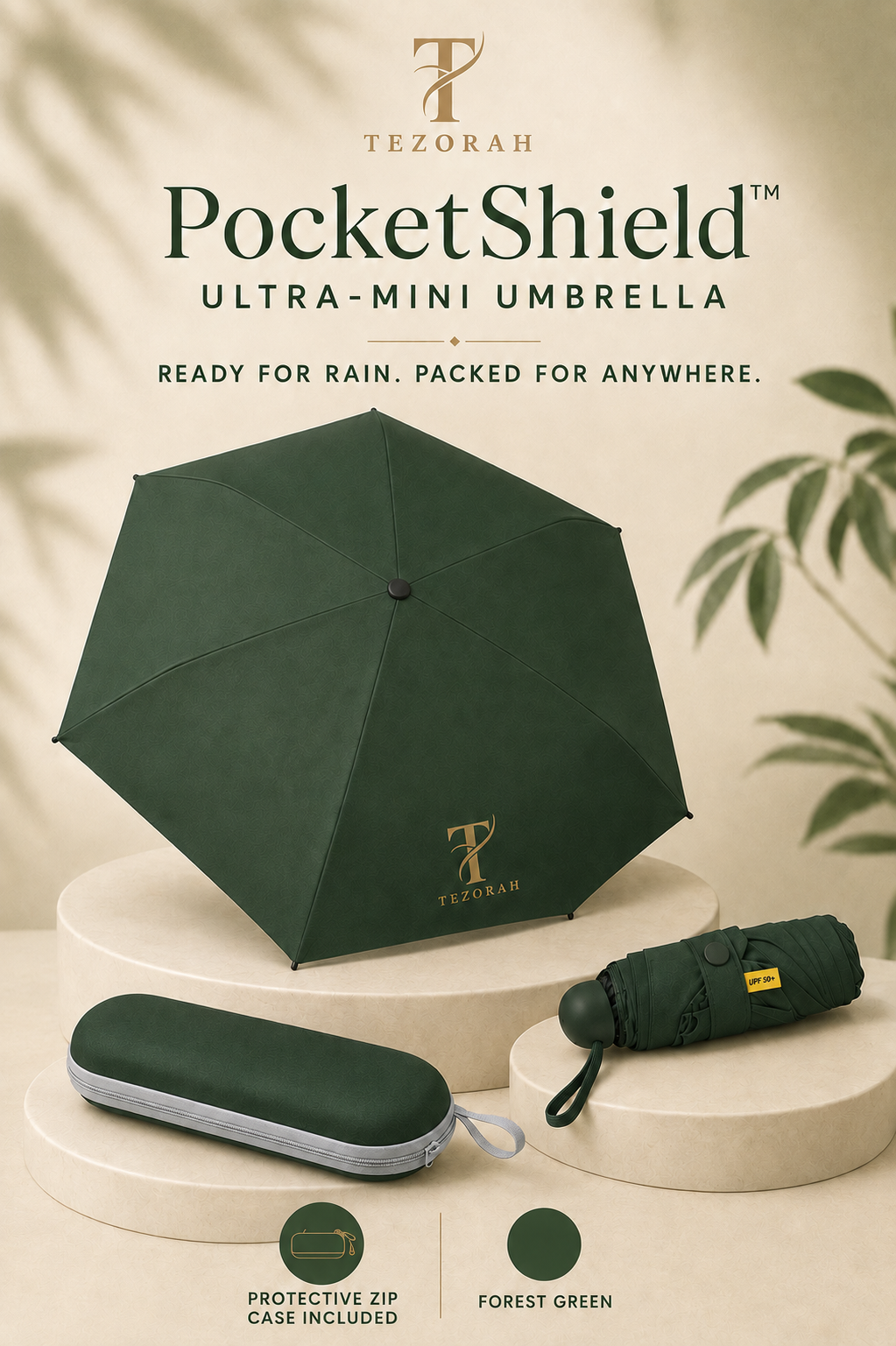 TEZORAH PocketShield™ Ultra-Mini Umbrella with Protective Zip Case