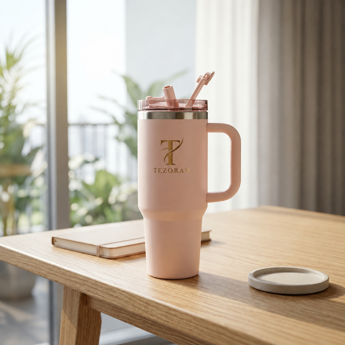 TEZORAH 40oz Vacuum-Insulated Drinkware Tumbler with Handle and Straw