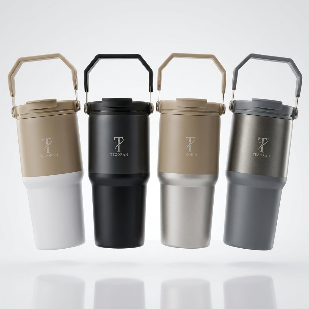 TEZORAH Dual Drink Carry Tumbler 600ml | Stainless Steel Vacuum Insulated | Foldable Carry Handle | Box Included