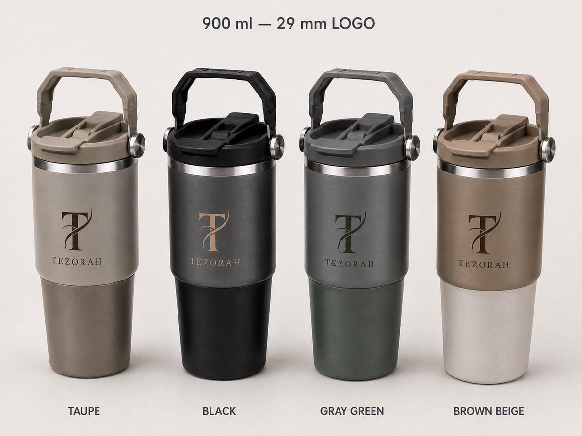 TEZORAH Dual Drink Carry Tumbler 900ml | Stainless Steel Vacuum Insulated | Foldable Carry Handle | Box Included