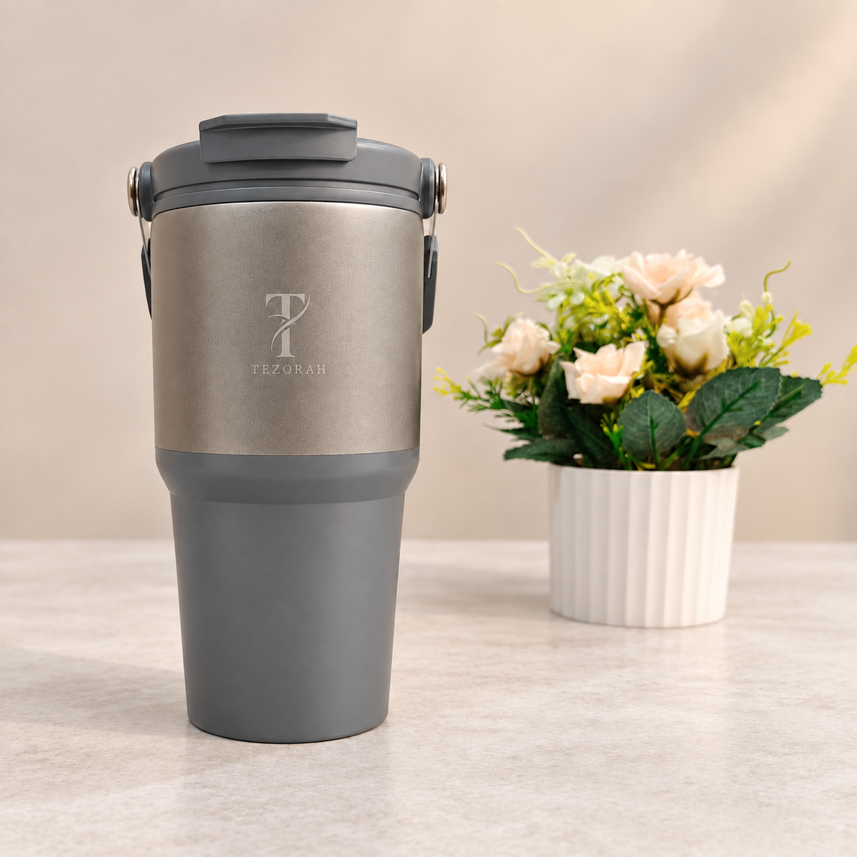 TEZORAH Dual Drink Carry Tumbler 600ml | Stainless Steel Vacuum Insulated | Foldable Carry Handle | Box Included