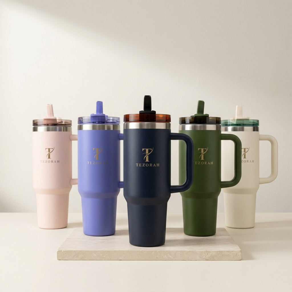 TEZORAH 40oz Vacuum-Insulated Drinkware Tumbler with Handle and Straw