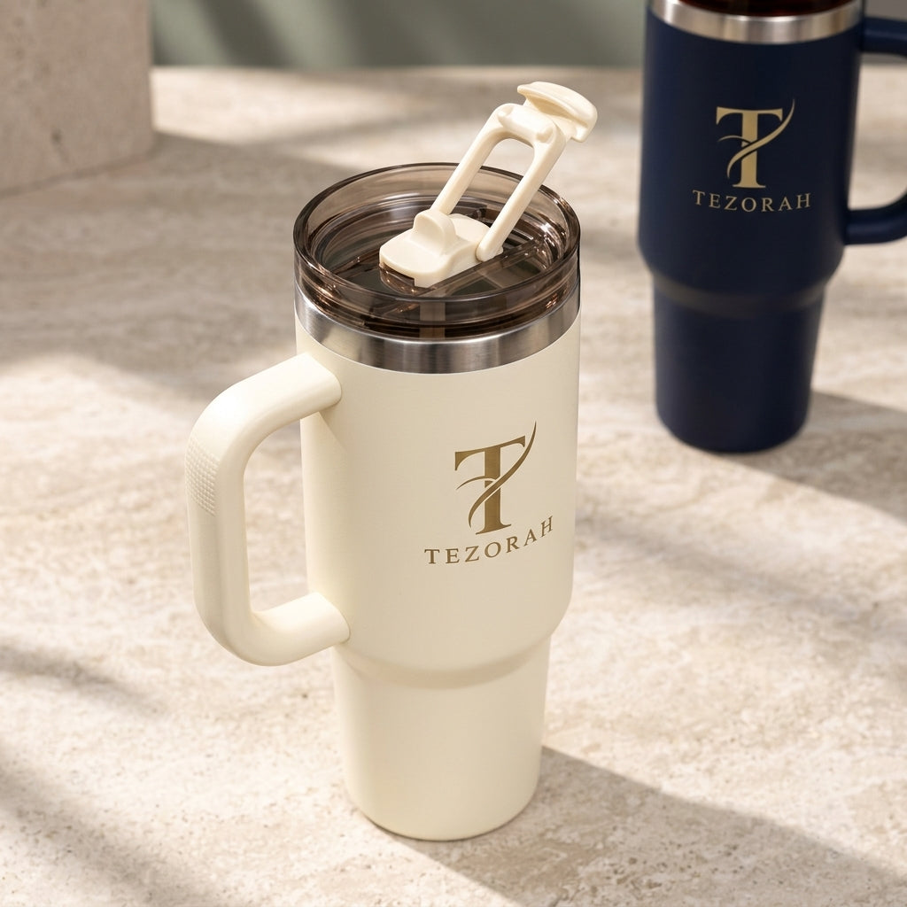 TEZORAH 40oz Vacuum-Insulated Drinkware Tumbler with Handle and Straw