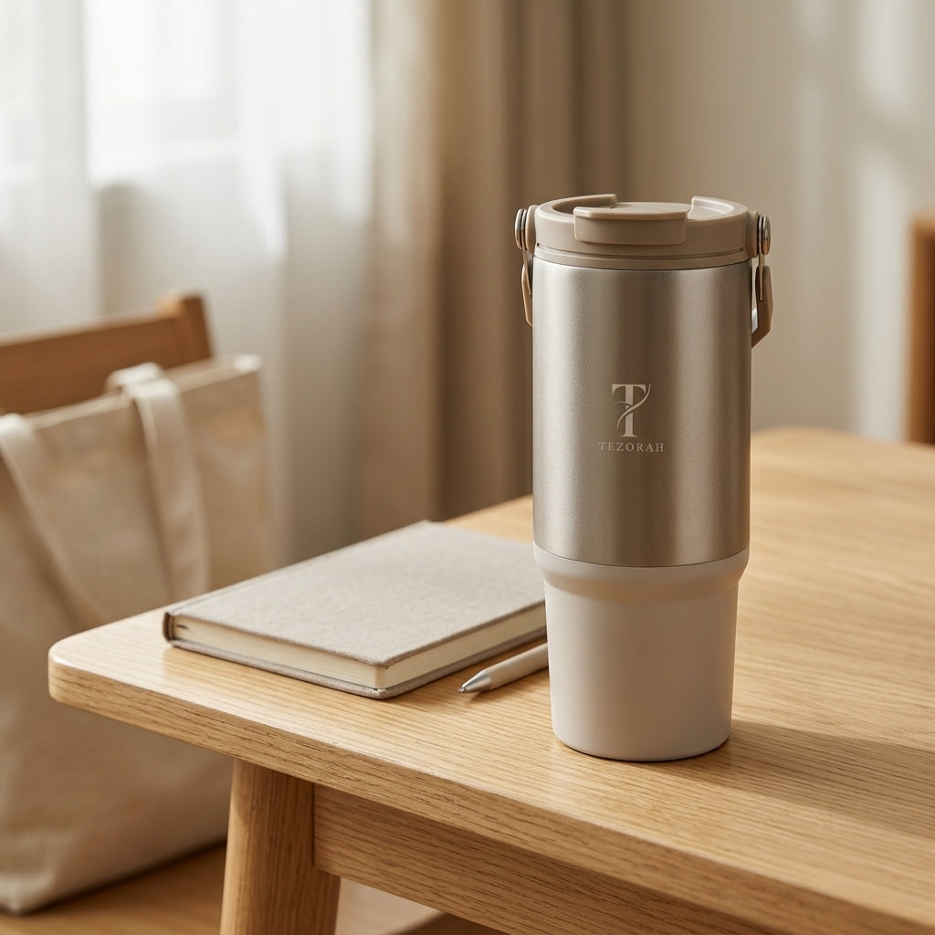 TEZORAH Dual Drink Carry Tumbler 900ml | Stainless Steel Vacuum Insulated | Foldable Carry Handle | Box Included