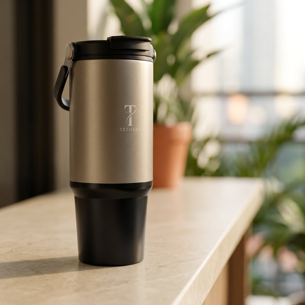 TEZORAH Dual Drink Carry Tumbler 900ml | Stainless Steel Vacuum Insulated | Foldable Carry Handle | Box Included