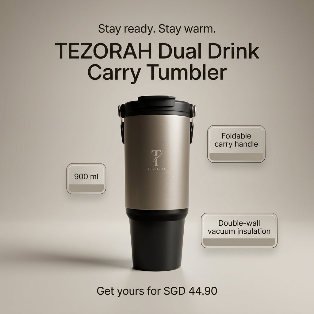TEZORAH Dual Drink Carry Tumbler 900ml | Stainless Steel Vacuum Insulated | Foldable Carry Handle | Box Included