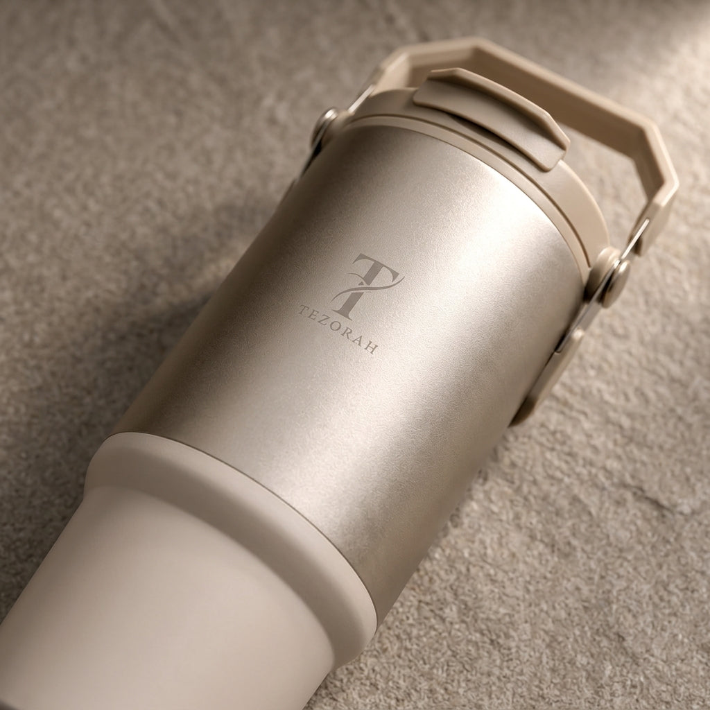 TEZORAH Dual Drink Carry Tumbler 900ml | Stainless Steel Vacuum Insulated | Foldable Carry Handle | Box Included