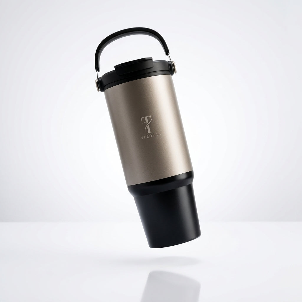 TEZORAH Dual Drink Carry Tumbler 900ml | Stainless Steel Vacuum Insulated | Foldable Carry Handle | Box Included