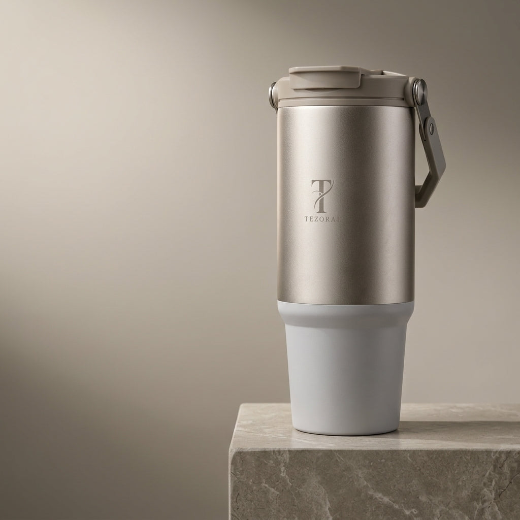 TEZORAH Dual Drink Carry Tumbler 900ml | Stainless Steel Vacuum Insulated | Foldable Carry Handle | Box Included