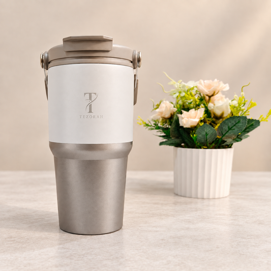 TEZORAH Dual Drink Carry Tumbler 600ml | Stainless Steel Vacuum Insulated | Foldable Carry Handle | Box Included
