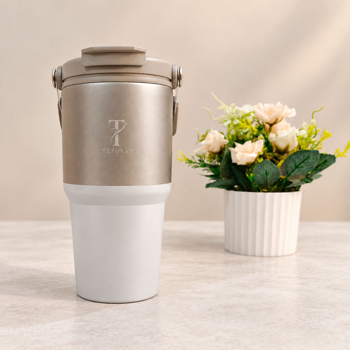 TEZORAH Dual Drink Carry Tumbler 600ml | Stainless Steel Vacuum Insulated | Foldable Carry Handle | Box Included