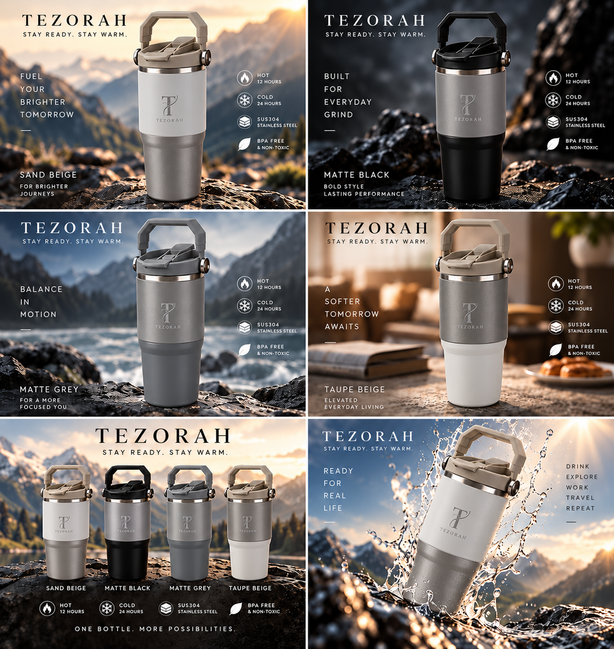 TEZORAH Dual Drink Carry Tumbler 600ml | Stainless Steel Vacuum Insulated | Foldable Carry Handle | Box Included