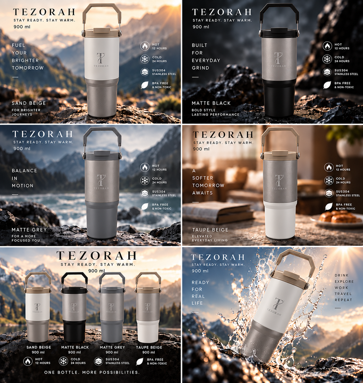 TEZORAH Dual Drink Carry Tumbler 900ml | Stainless Steel Vacuum Insulated | Foldable Carry Handle | Box Included