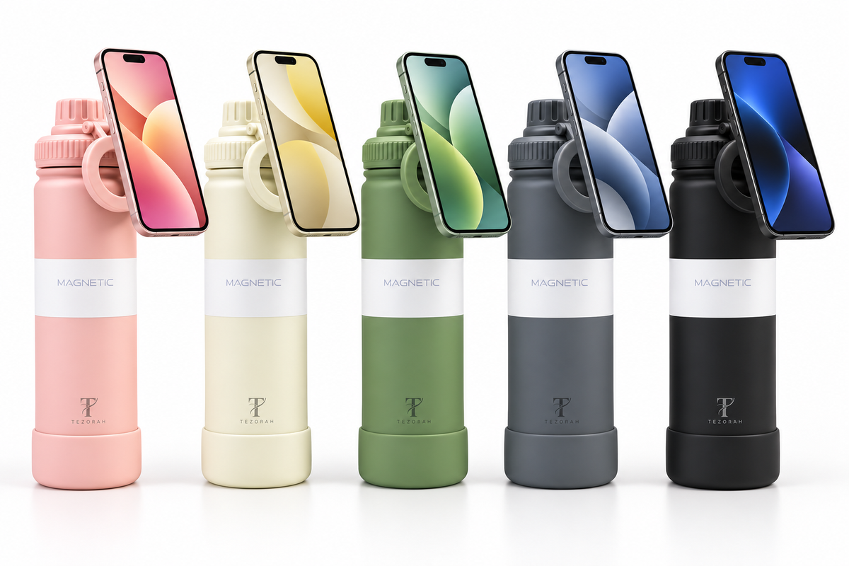 TEZORAH 750ml Stainless Steel Vacuum Insulated Water Bottle with Magnetic Phone Holder | Hot & Cold Flask | 5 Colours