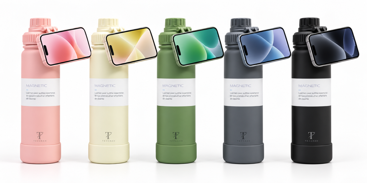 TEZORAH 750ml Stainless Steel Vacuum Insulated Water Bottle with Magnetic Phone Holder | Hot & Cold Flask | 5 Colours